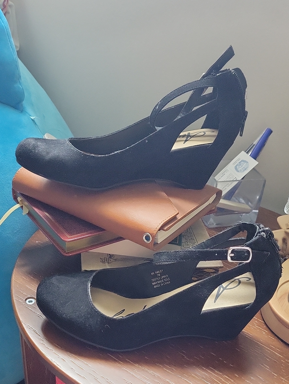 American Rag Black Suede Wedge Pumps with Ankle Strap